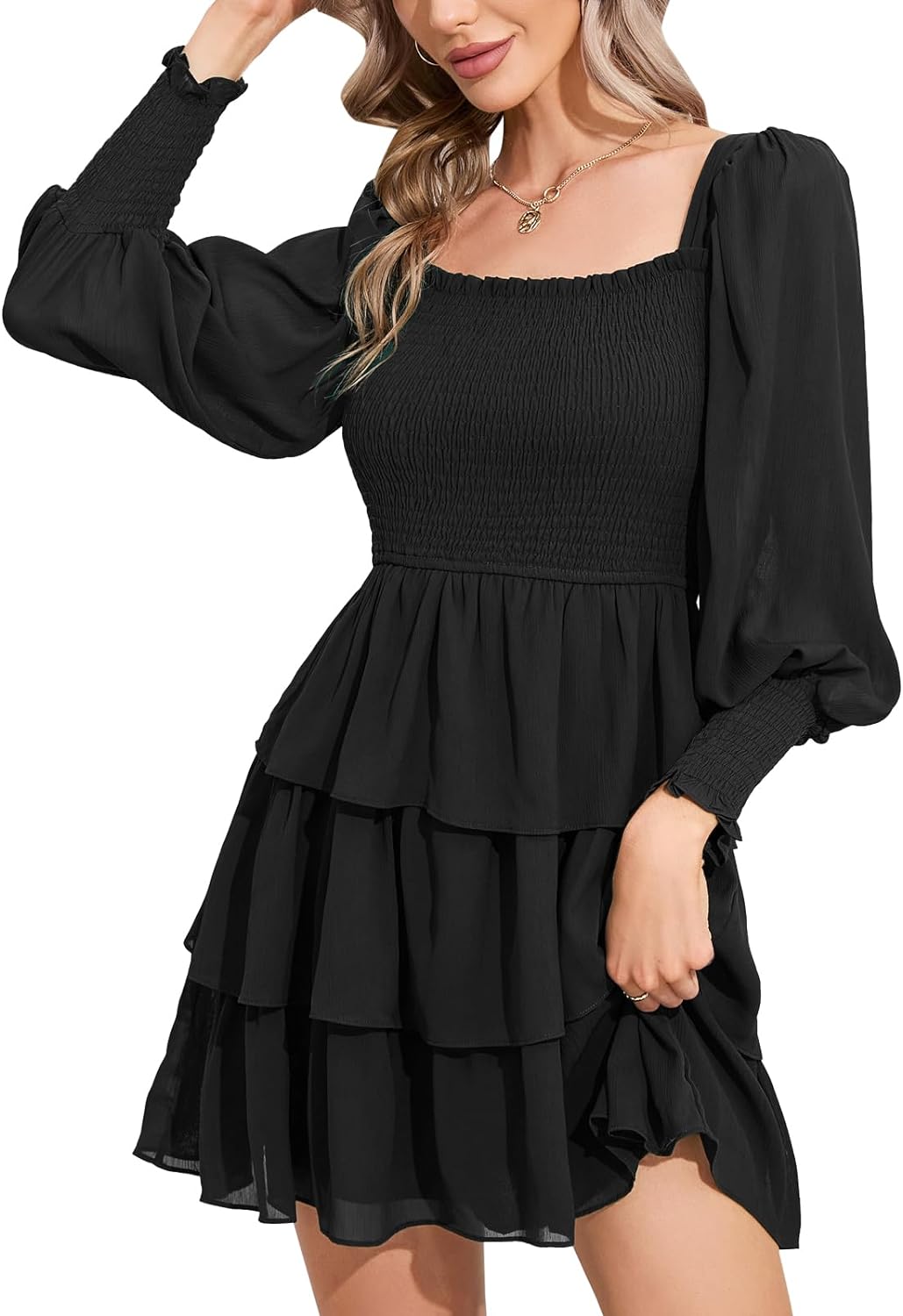 Byinns Women's 2024 Square Neck Ruffle Dress Long Sleeve Floral Print Tiered Tie Back Layered Swing Mini Dress