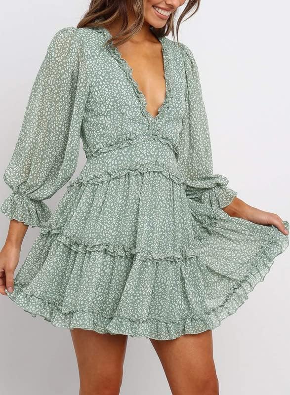Dokotoo Womens 2024 Spring Summer Deep V Neck Ruffle Floral Flowy Mini Dress