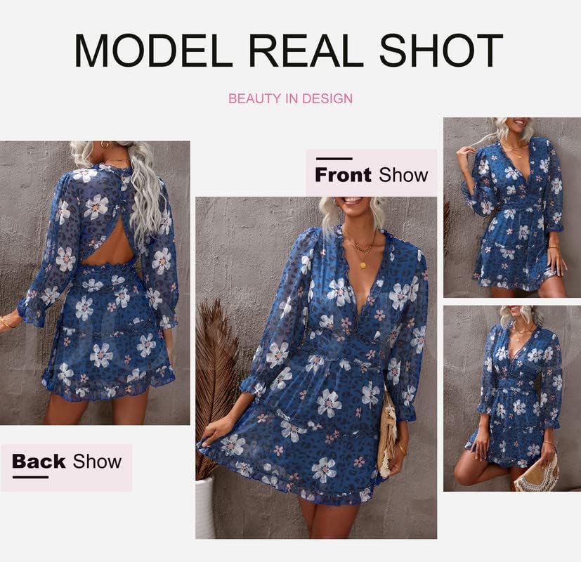 Dokotoo Womens 2024 Spring Summer Deep V Neck Ruffle Floral Flowy Mini Dress