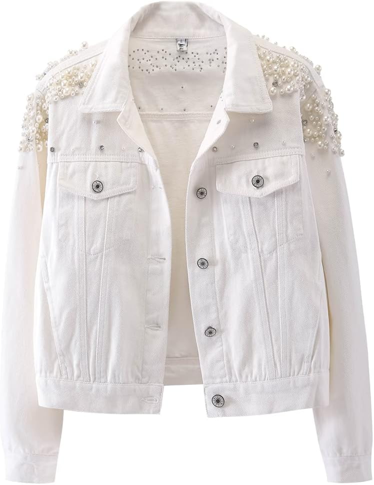 Kedera Women's Embroidered Rivet Pearl Short Denim Jacket Coat