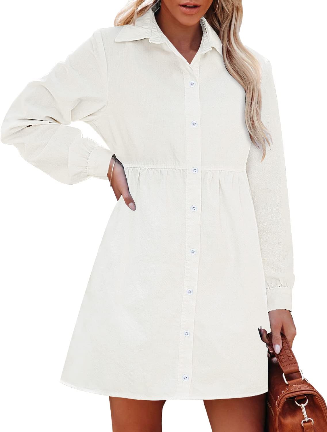 luvamia Denim Dress for Women Babydoll Flowy Cute Jean Shirt Dresses Long Sleeves