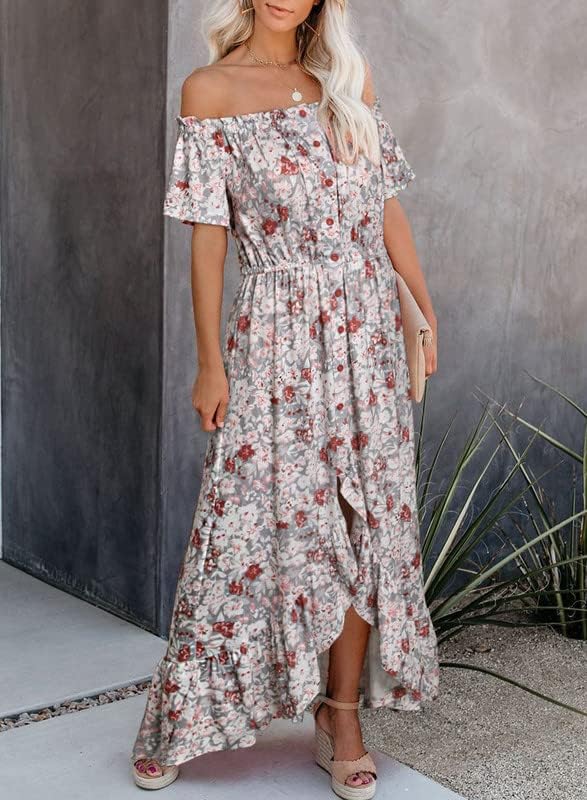 Dokotoo Womens 2023 Off The Shoulder Casual Short Sleeve Maxi Dress High Low Solid Cocktail Skater Dresses