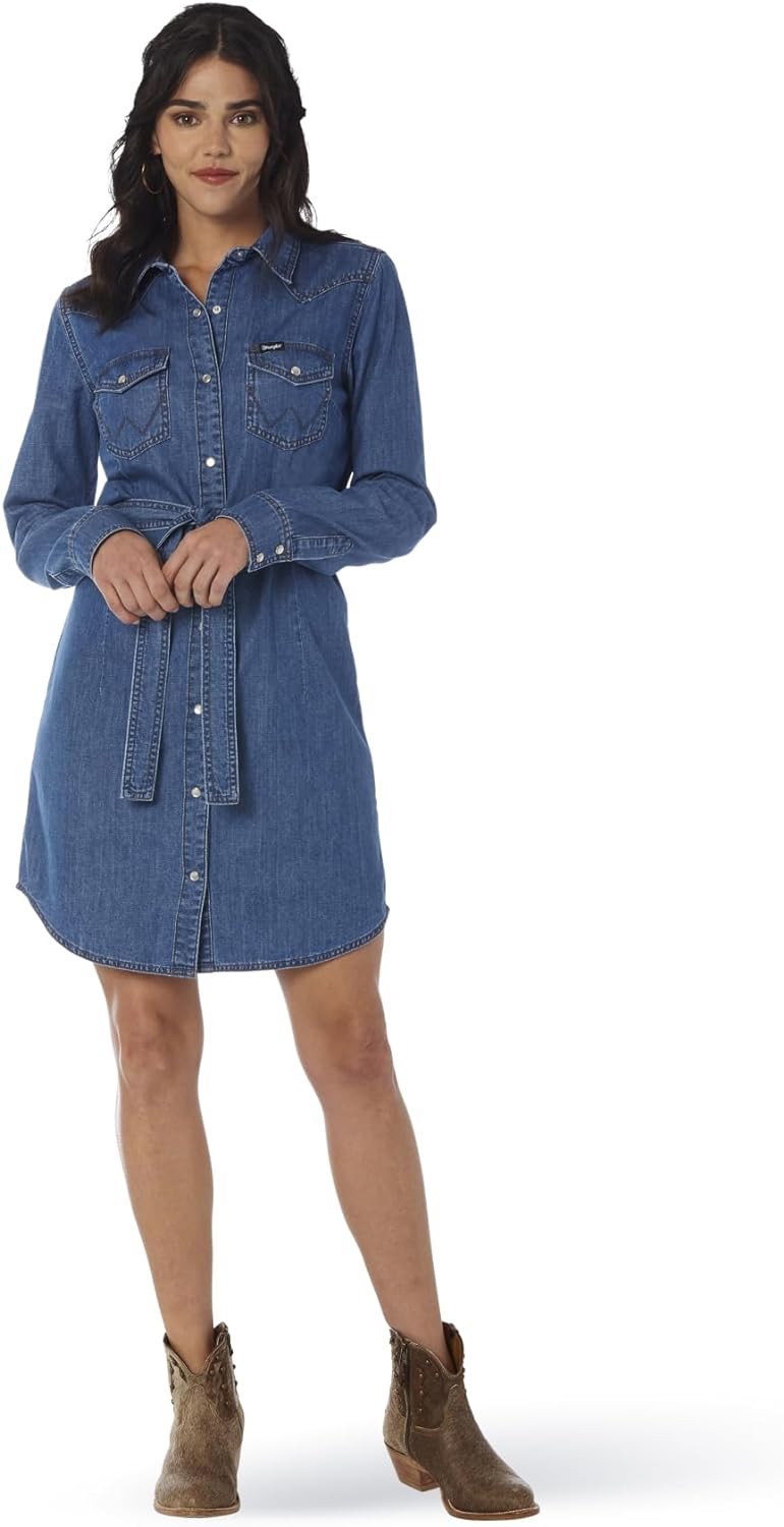 Wrangler Women's Retro Long Sleeve Western Denim Snap Dress
