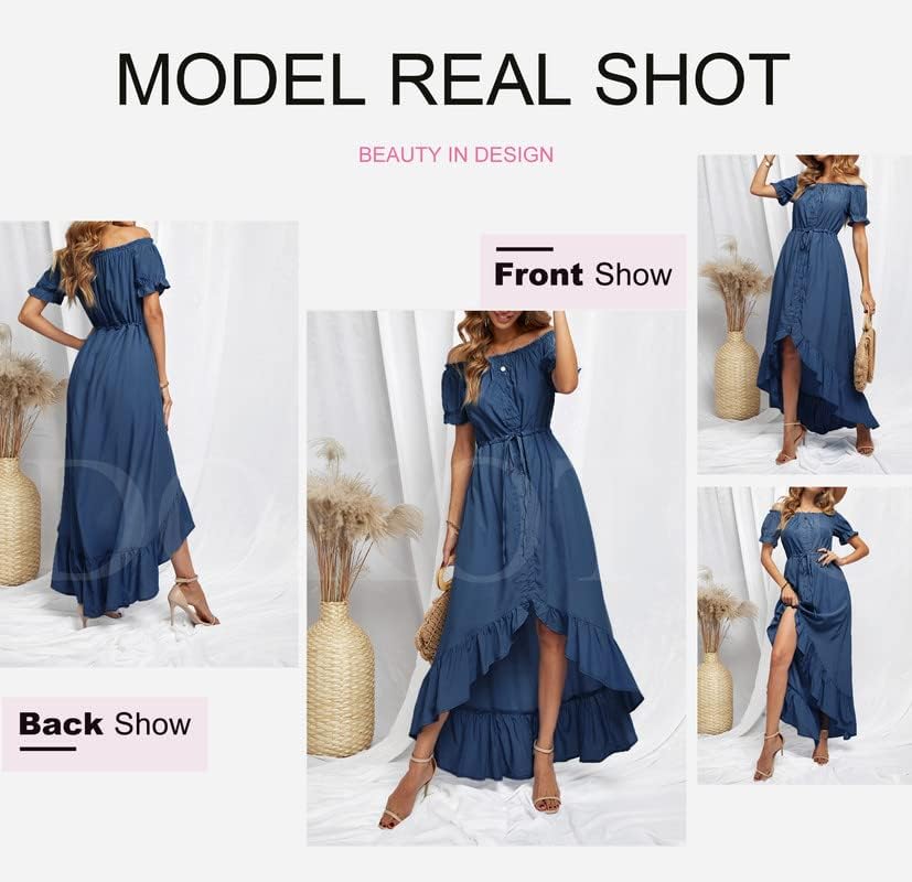 Dokotoo Womens 2023 Off The Shoulder Casual Short Sleeve Maxi Dress High Low Solid Cocktail Skater Dresses