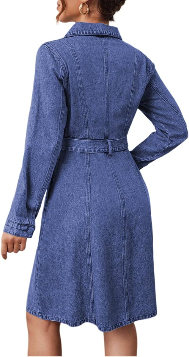 Women's Denim Dresses Long Sleeve Button Down Midi Jean Dress