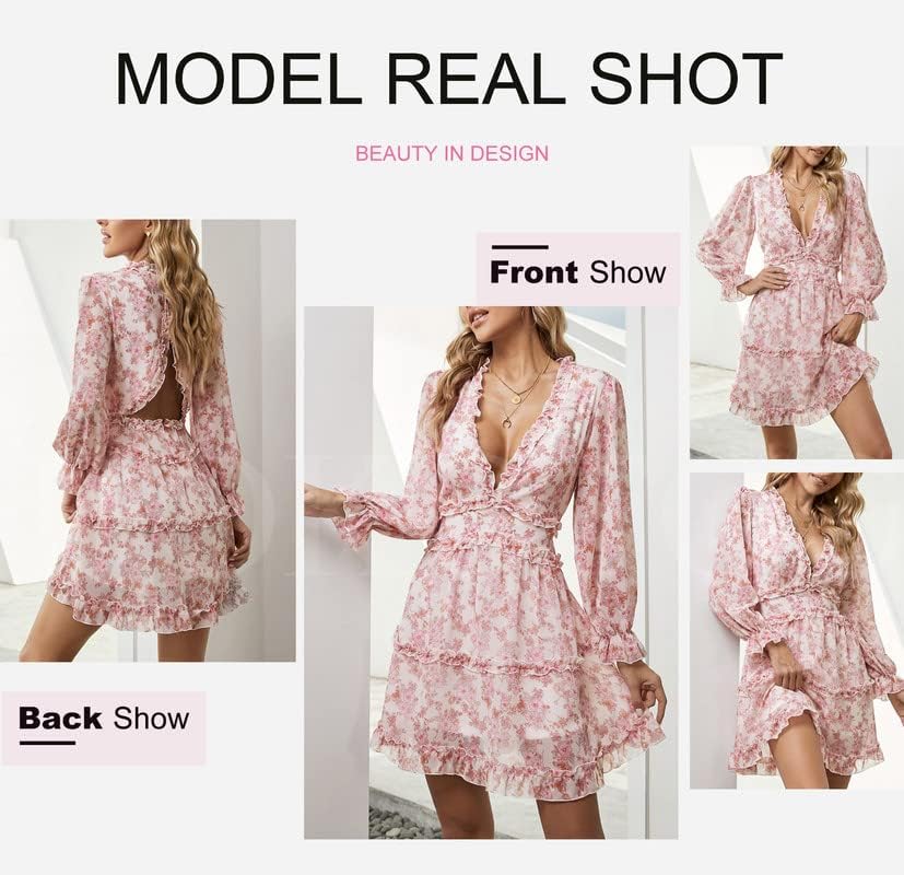 Dokotoo Womens 2024 Spring Summer Deep V Neck Ruffle Floral Flowy Mini Dress