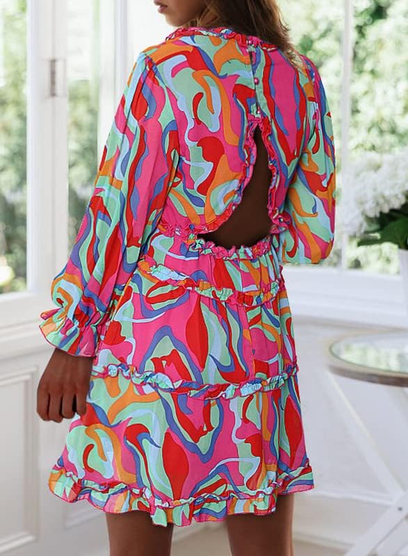 Dokotoo Womens 2024 Spring Summer Deep V Neck Ruffle Floral Flowy Mini Dress