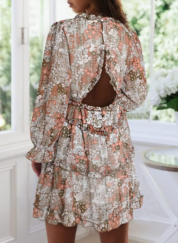 Dokotoo Womens 2024 Spring Summer Deep V Neck Ruffle Floral Flowy Mini Dress