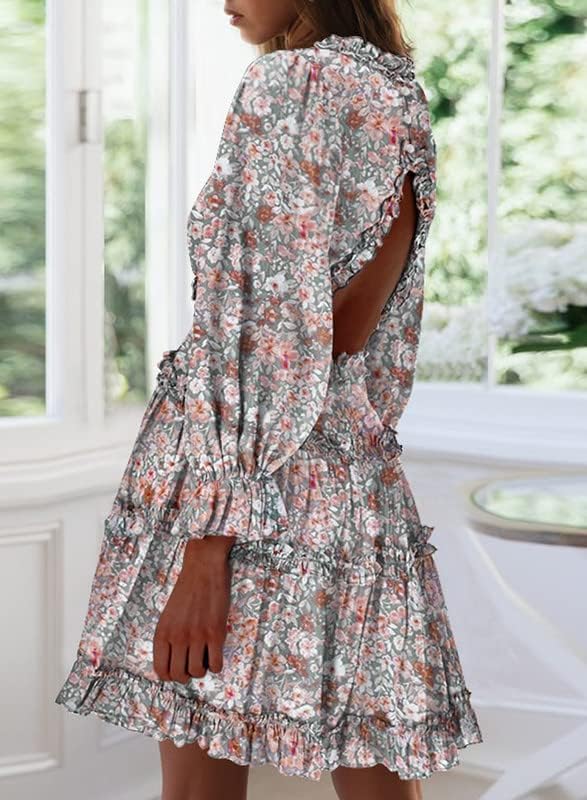 Dokotoo Womens 2024 Spring Summer Deep V Neck Ruffle Floral Flowy Mini Dress