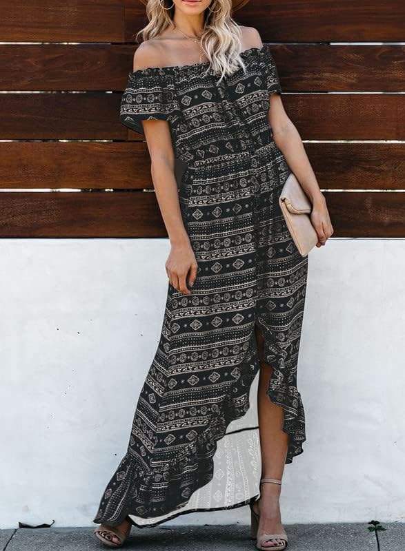 Dokotoo Womens 2023 Off The Shoulder Casual Short Sleeve Maxi Dress High Low Solid Cocktail Skater Dresses