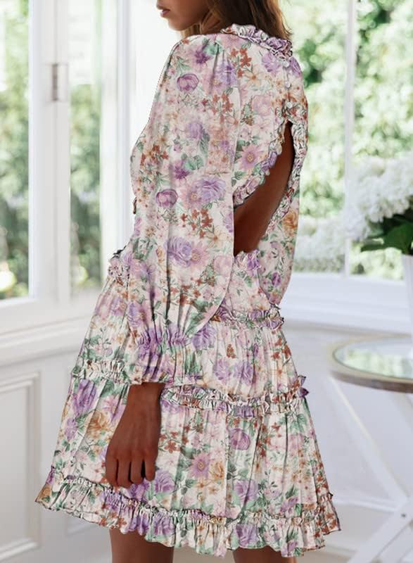 Dokotoo Womens 2024 Spring Summer Deep V Neck Ruffle Floral Flowy Mini Dress