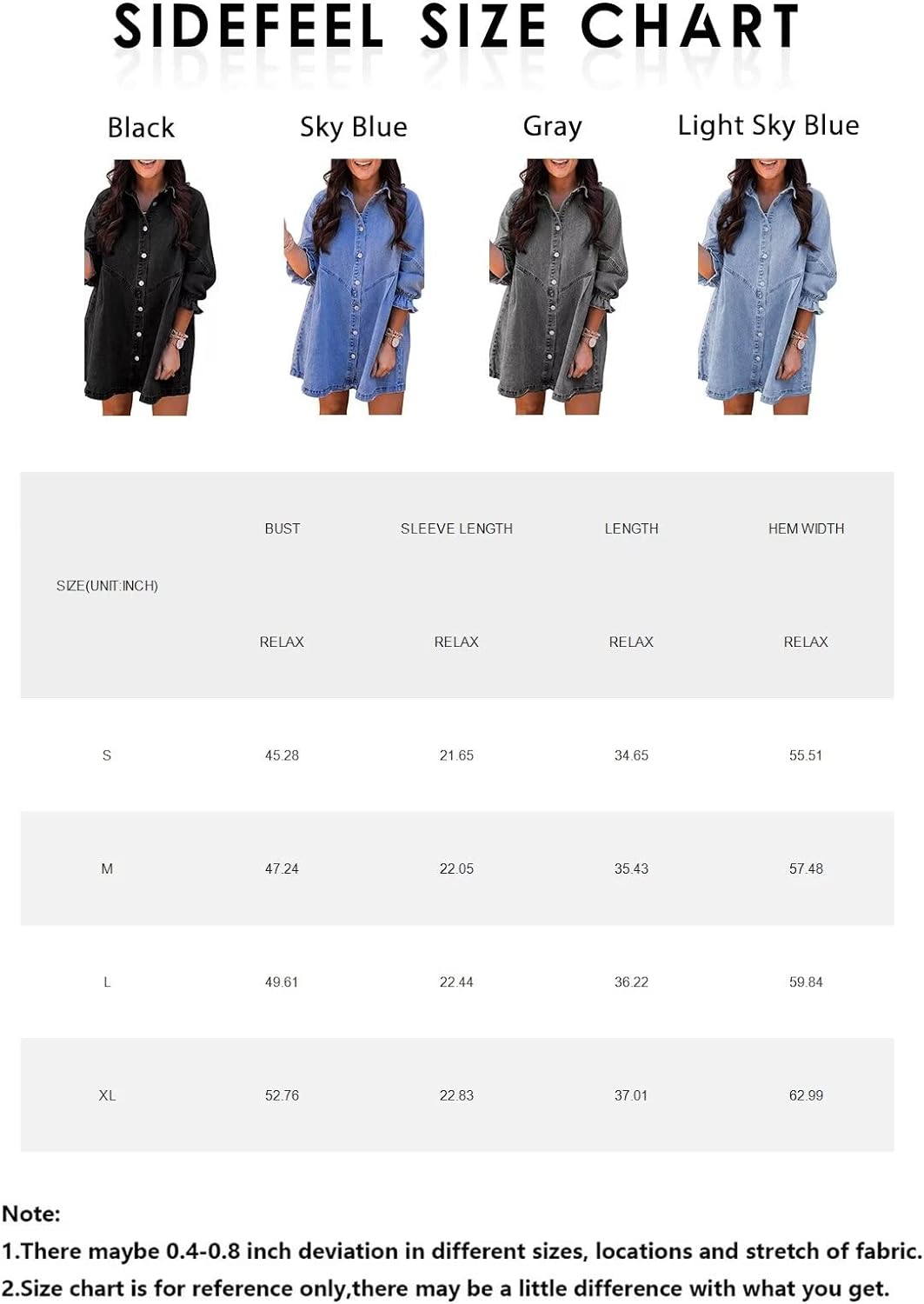Sidefeel Womens Smocked 3 4 Sleeve Button Down Denim Jeans Dresses