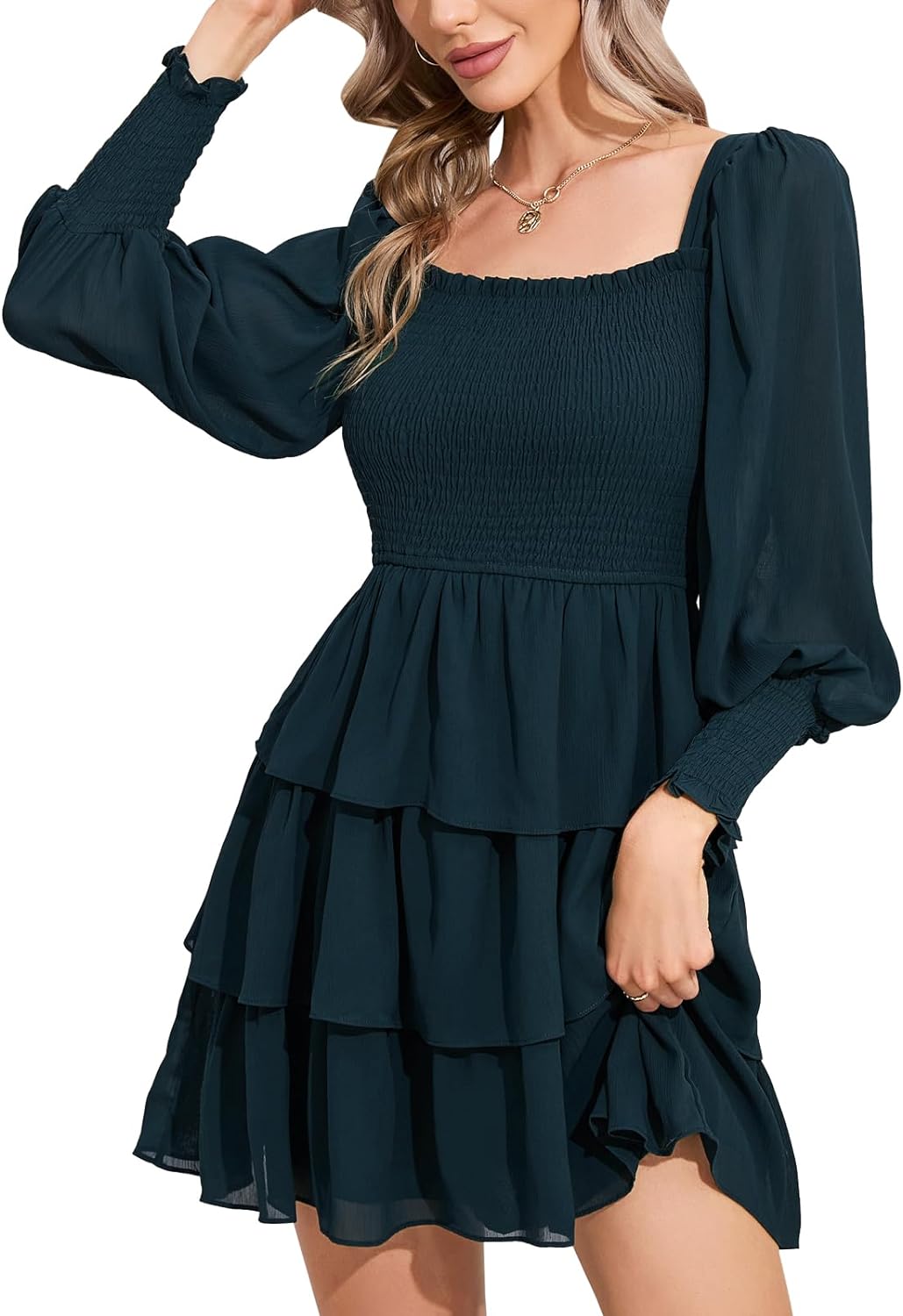 Byinns Women's 2024 Square Neck Ruffle Dress Long Sleeve Floral Print Tiered Tie Back Layered Swing Mini Dress