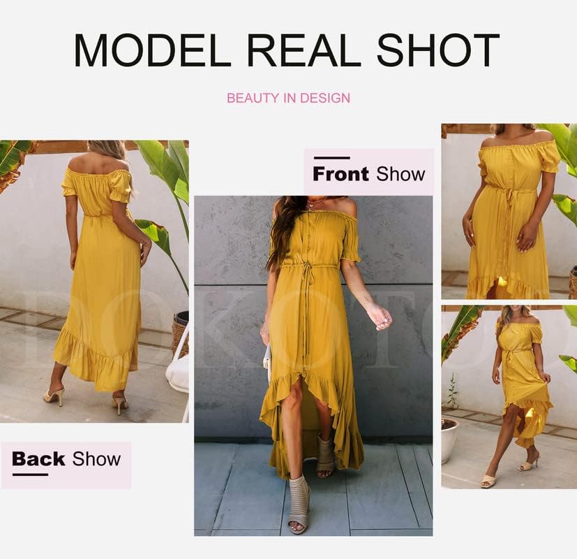 Dokotoo Womens 2023 Off The Shoulder Casual Short Sleeve Maxi Dress High Low Solid Cocktail Skater Dresses