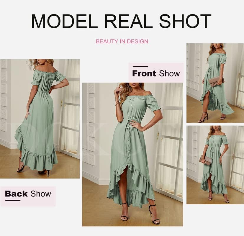 Dokotoo Womens 2023 Off The Shoulder Casual Short Sleeve Maxi Dress High Low Solid Cocktail Skater Dresses