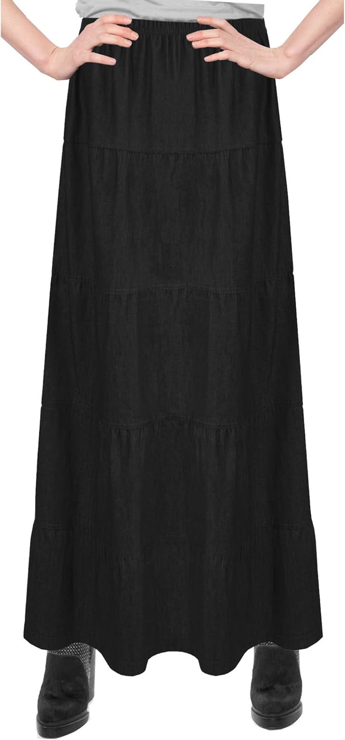 Baby'O Women's Ankle Length Tiered Long Denim Prairie Skirt