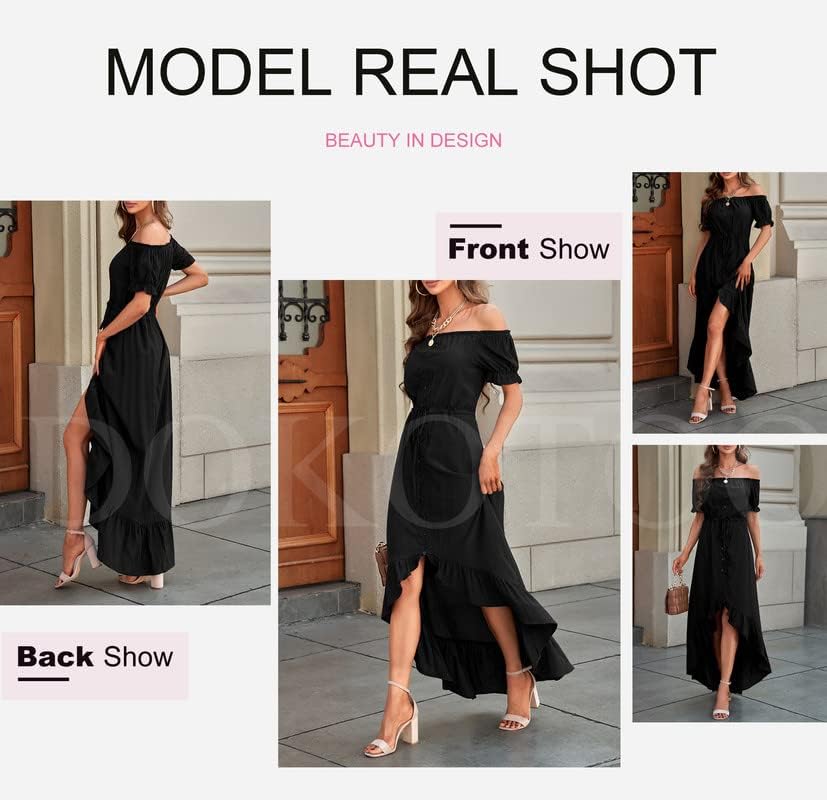 Dokotoo Womens 2023 Off The Shoulder Casual Short Sleeve Maxi Dress High Low Solid Cocktail Skater Dresses