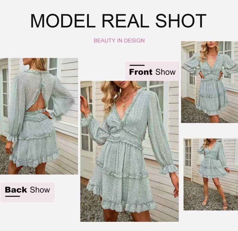 Dokotoo Womens 2024 Spring Summer Deep V Neck Ruffle Floral Flowy Mini Dress