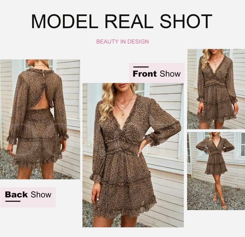 Dokotoo Womens 2024 Spring Summer Deep V Neck Ruffle Floral Flowy Mini Dress