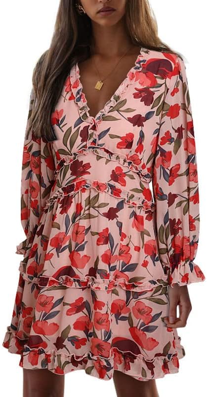Dokotoo Womens 2024 Spring Summer Deep V Neck Ruffle Floral Flowy Mini Dress