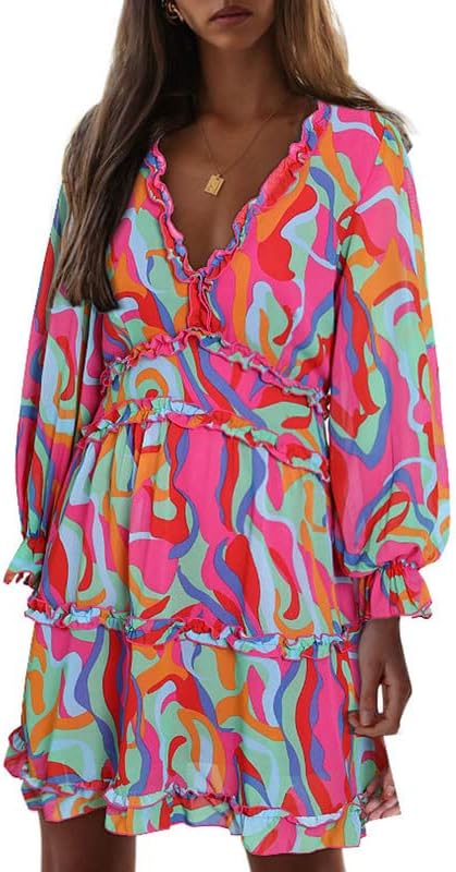 Dokotoo Womens 2024 Spring Summer Deep V Neck Ruffle Floral Flowy Mini Dress