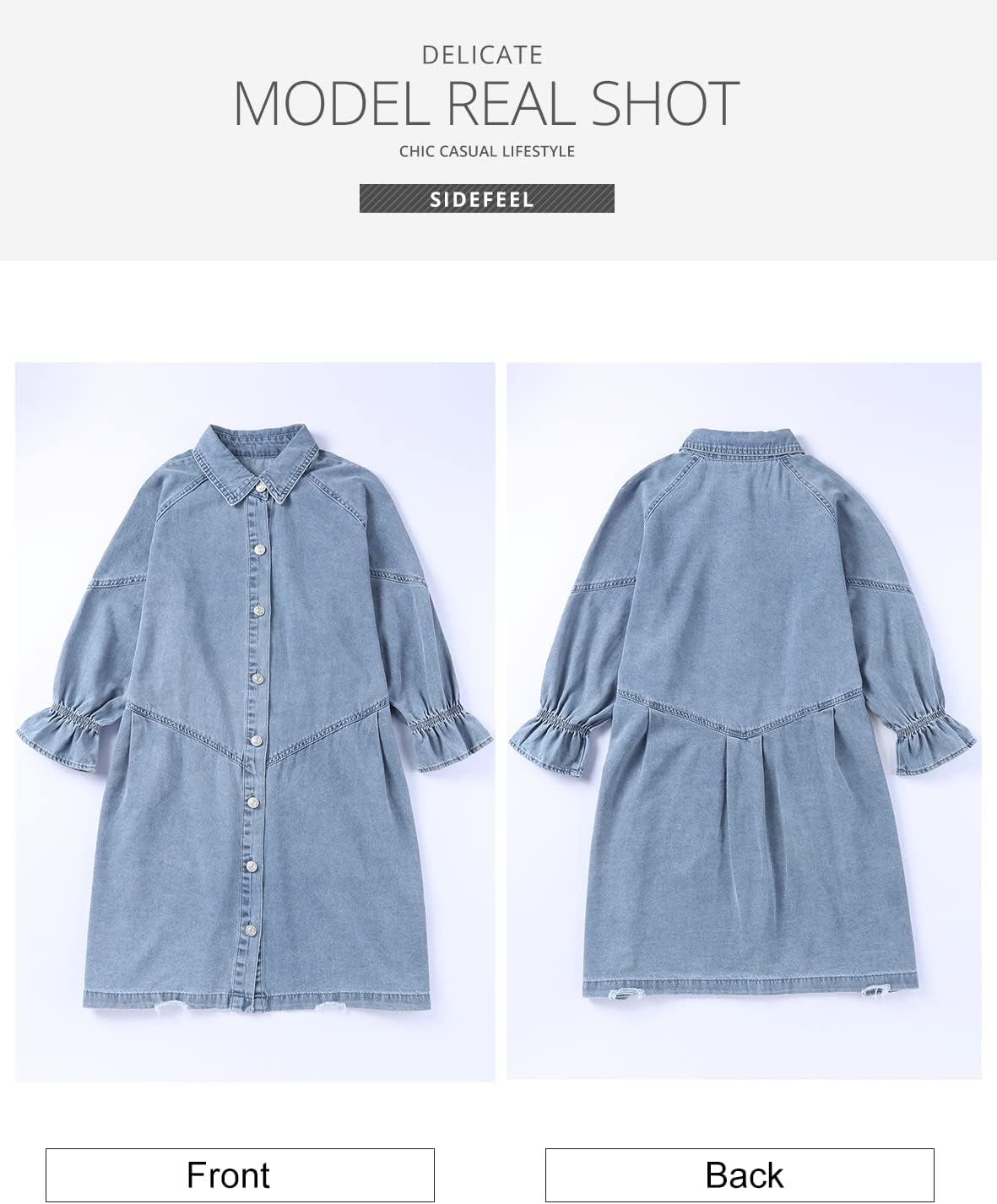 Sidefeel Womens Smocked 3 4 Sleeve Button Down Denim Jeans Dresses