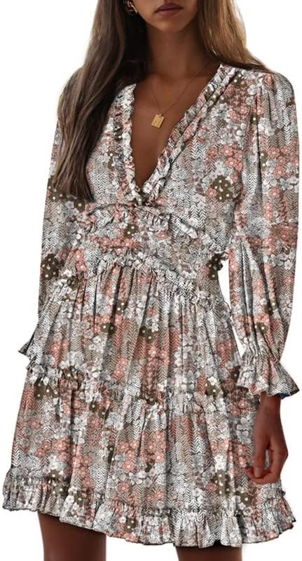 Dokotoo Womens 2024 Spring Summer Deep V Neck Ruffle Floral Flowy Mini Dress