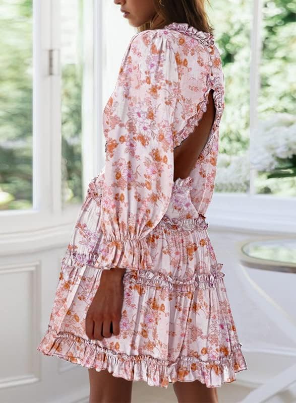 Dokotoo Womens 2024 Spring Summer Deep V Neck Ruffle Floral Flowy Mini Dress