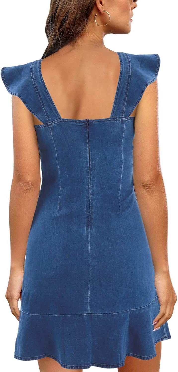 MYHALF Women's Casual Round Neck Ruffle Trim Sleeveless Denim A Line Mini Dress