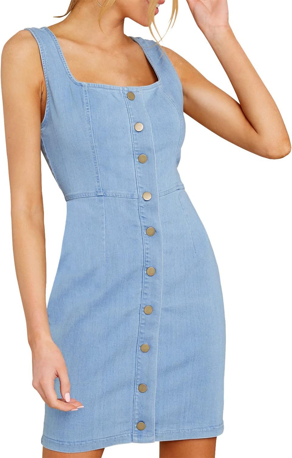 luvamia Women's Casual V Neck Sleeveless Jeans Button Down Denim Short Dress
