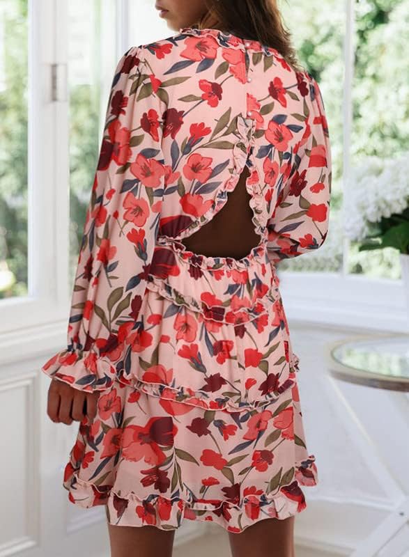 Dokotoo Womens 2024 Spring Summer Deep V Neck Ruffle Floral Flowy Mini Dress