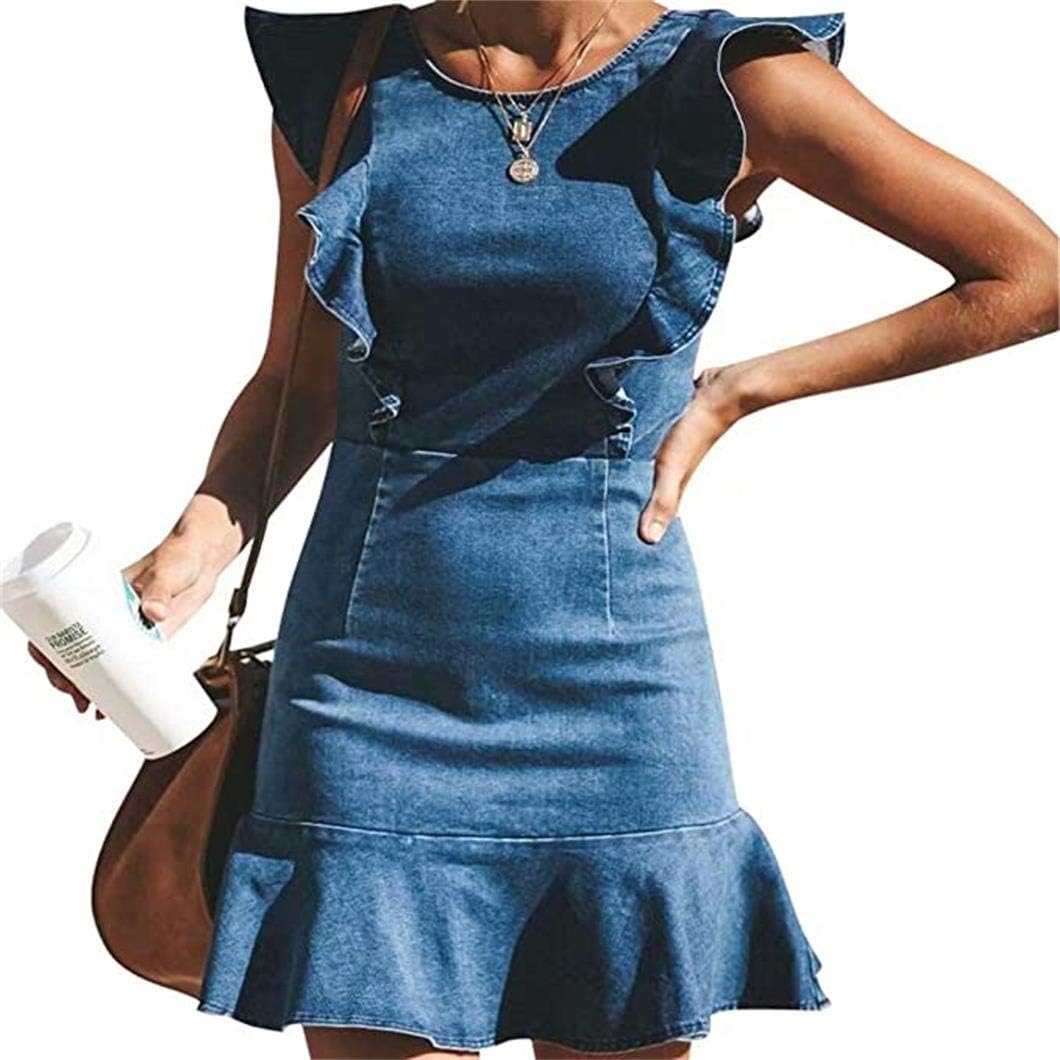 MYHALF Women's Casual Round Neck Ruffle Trim Sleeveless Denim A Line Mini Dress