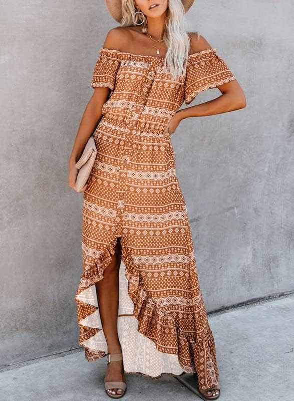 Dokotoo Womens 2023 Off The Shoulder Casual Short Sleeve Maxi Dress High Low Solid Cocktail Skater Dresses