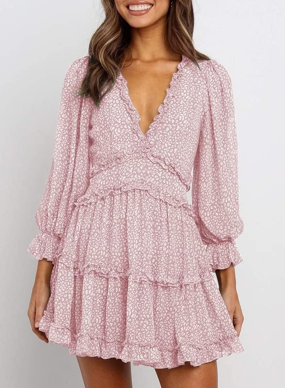 Dokotoo Womens 2024 Spring Summer Deep V Neck Ruffle Floral Flowy Mini Dress