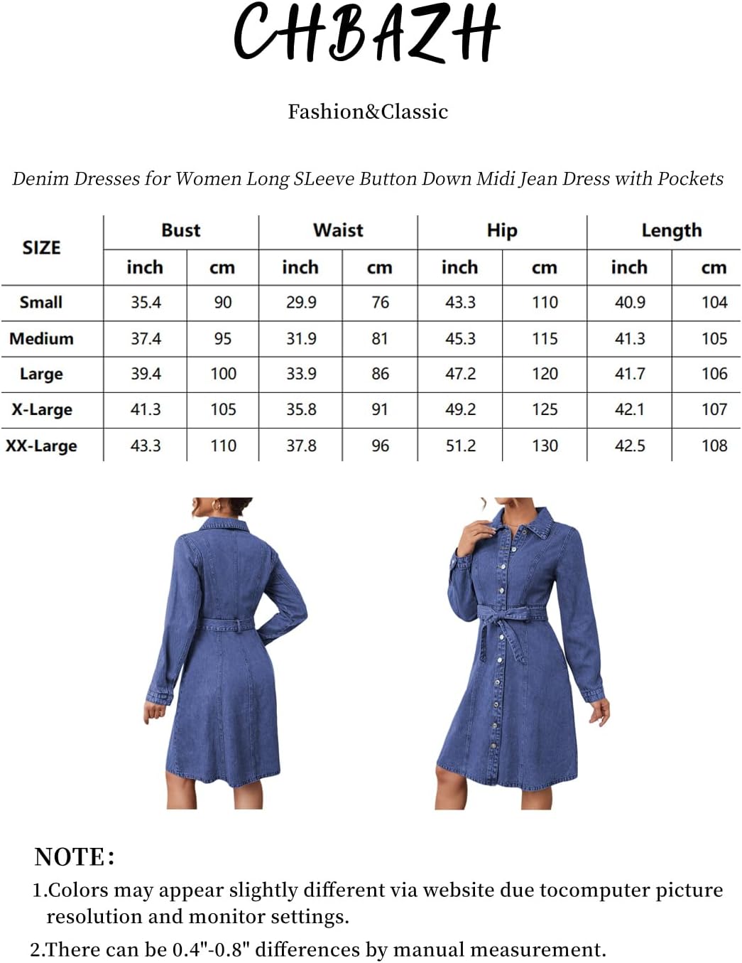 Women's Denim Dresses Long Sleeve Button Down Midi Jean Dress