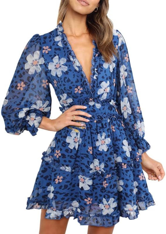 Dokotoo Womens 2024 Spring Summer Deep V Neck Ruffle Floral Flowy Mini Dress