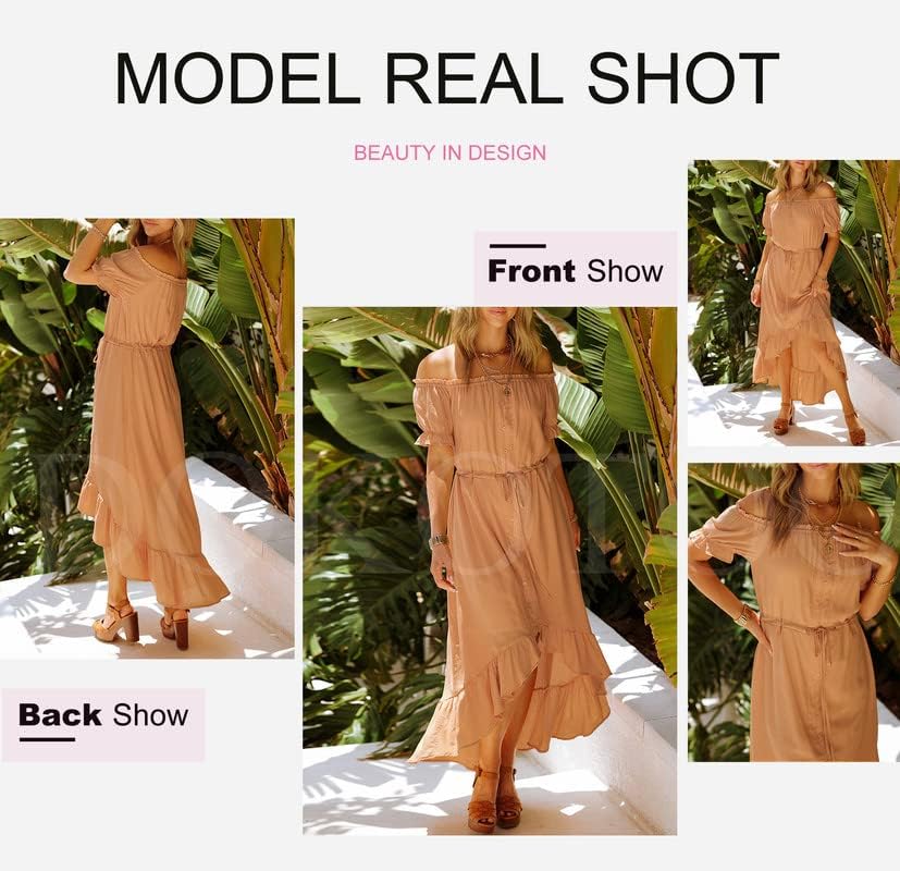 Dokotoo Womens 2023 Off The Shoulder Casual Short Sleeve Maxi Dress High Low Solid Cocktail Skater Dresses