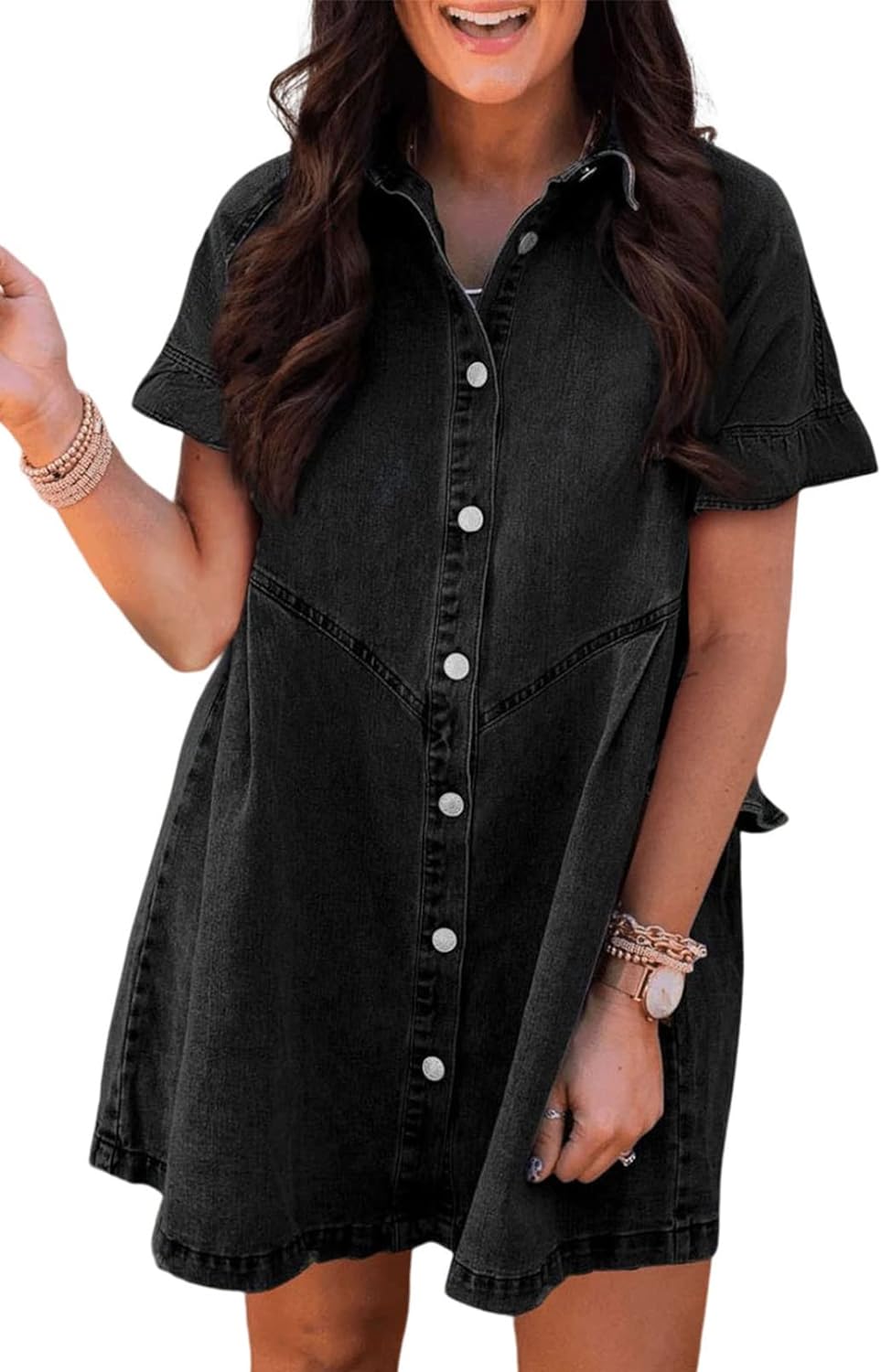 Sidefeel Womens Smocked 3 4 Sleeve Button Down Denim Jeans Dresses
