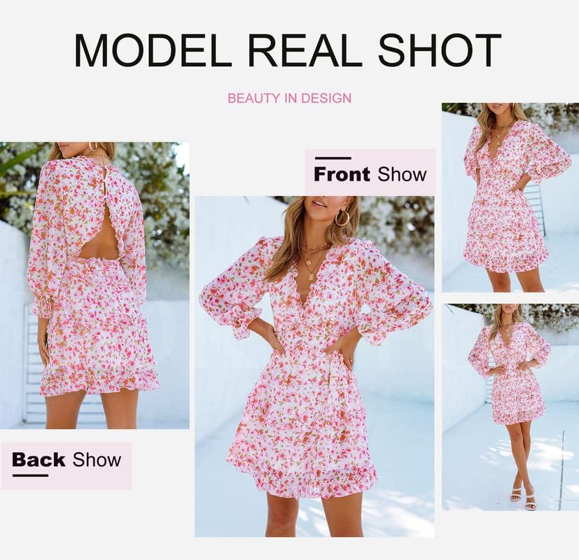 Dokotoo Womens 2024 Spring Summer Deep V Neck Ruffle Floral Flowy Mini Dress