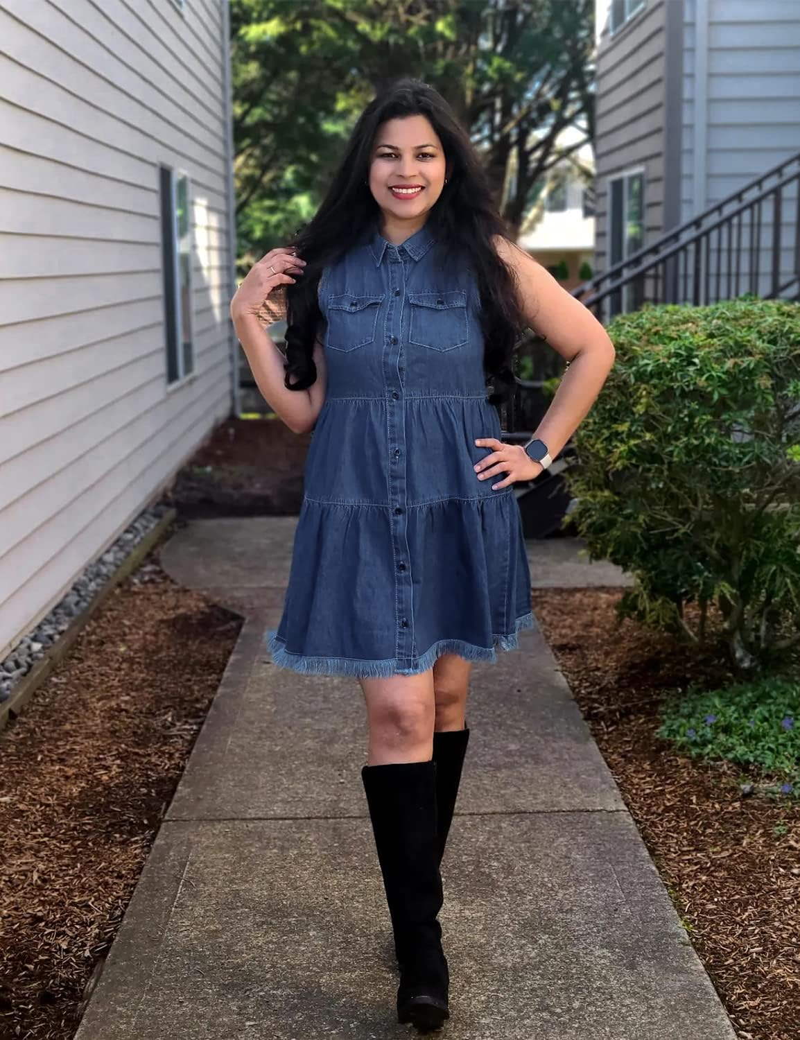 luvamia Women's Casual Summer Lapel Sleeveless Button Down Short Denim Jean Dress