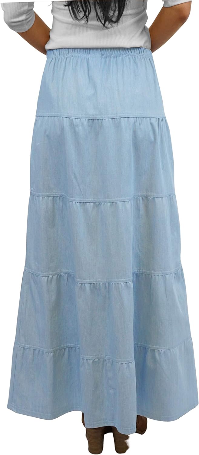 Baby'O Women's Ankle Length Tiered Long Denim Prairie Skirt