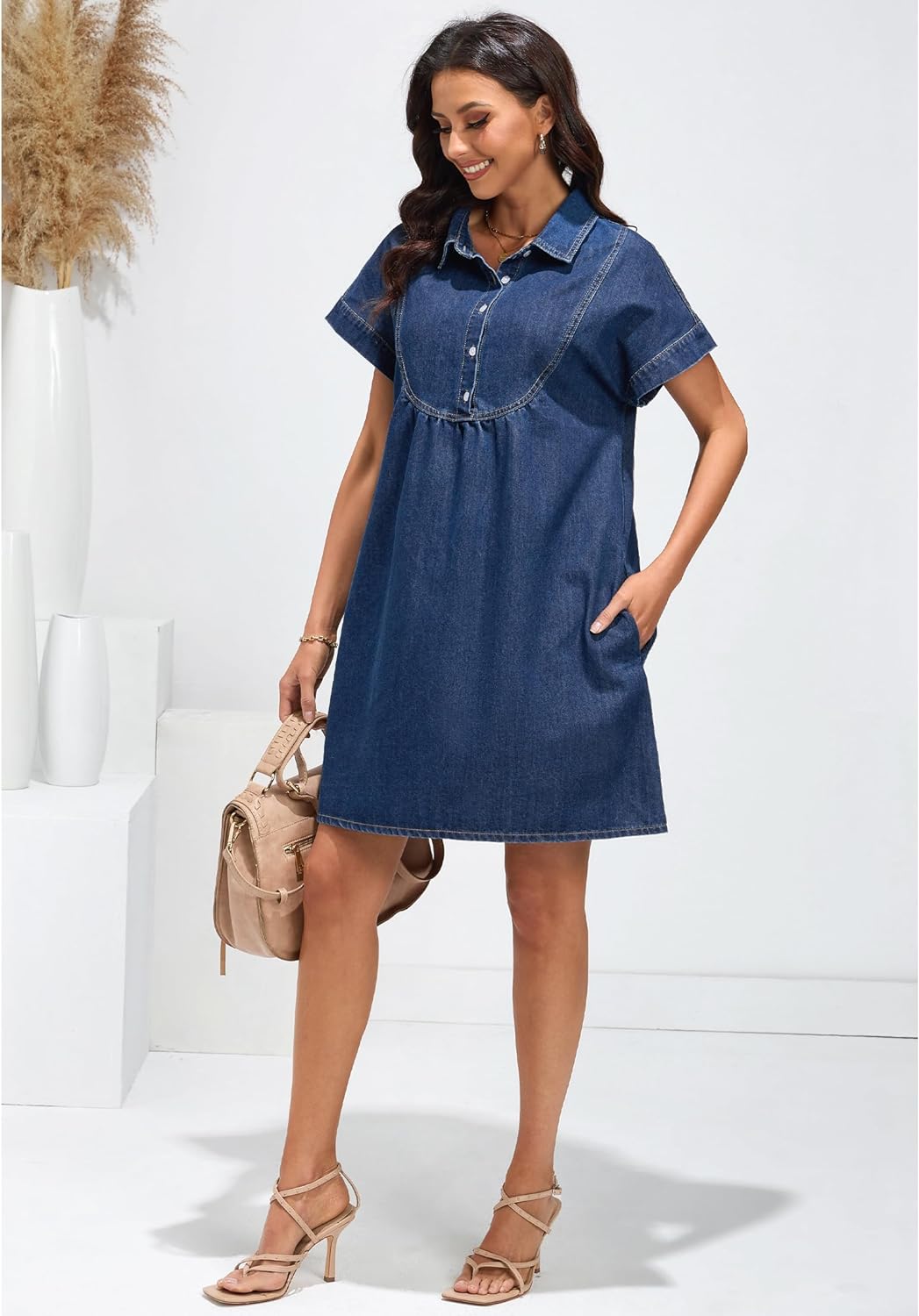 luvamia Denim Dress for Women Summer Short Sleeve Button Down Collared Pleated Western Jean Dresses with Pockets Relaxed