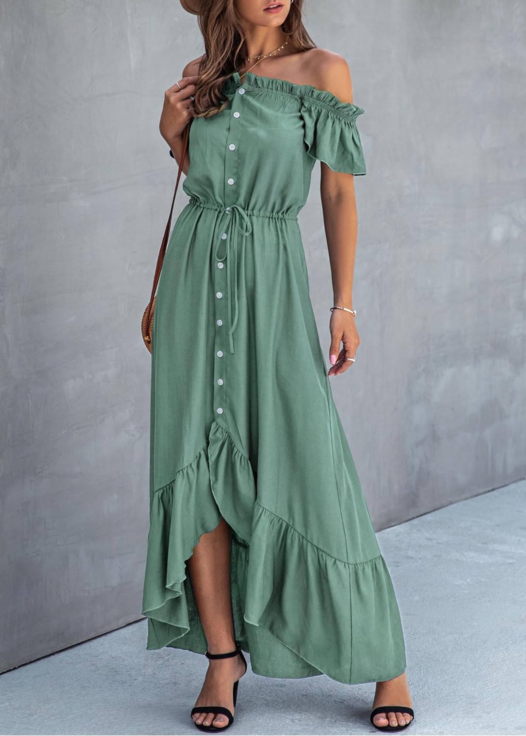 KIRUNDO Women's 2024 Summer Off Shoulder Maxi Dress Swiss Dot Short Sleeve High Waist Ruffle Tiered Flowy Long Dresses