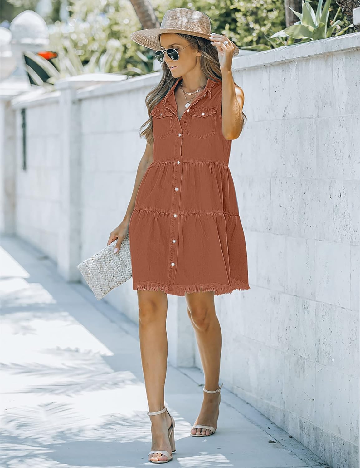 luvamia Women's Casual Summer Lapel Sleeveless Button Down Short Denim Jean Dress