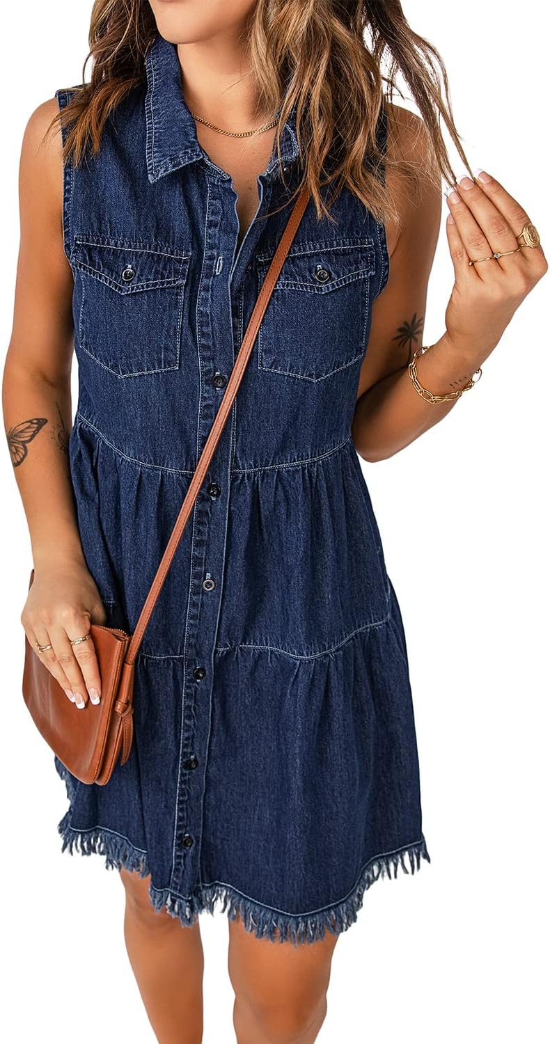 luvamia Women's Casual Summer Lapel Sleeveless Button Down Short Denim Jean Dress