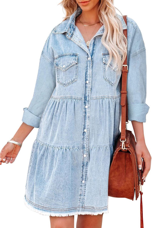 Sidefeel Womens Buttoned Frayed Pocket Short Sleeve Denim Jean Dresses