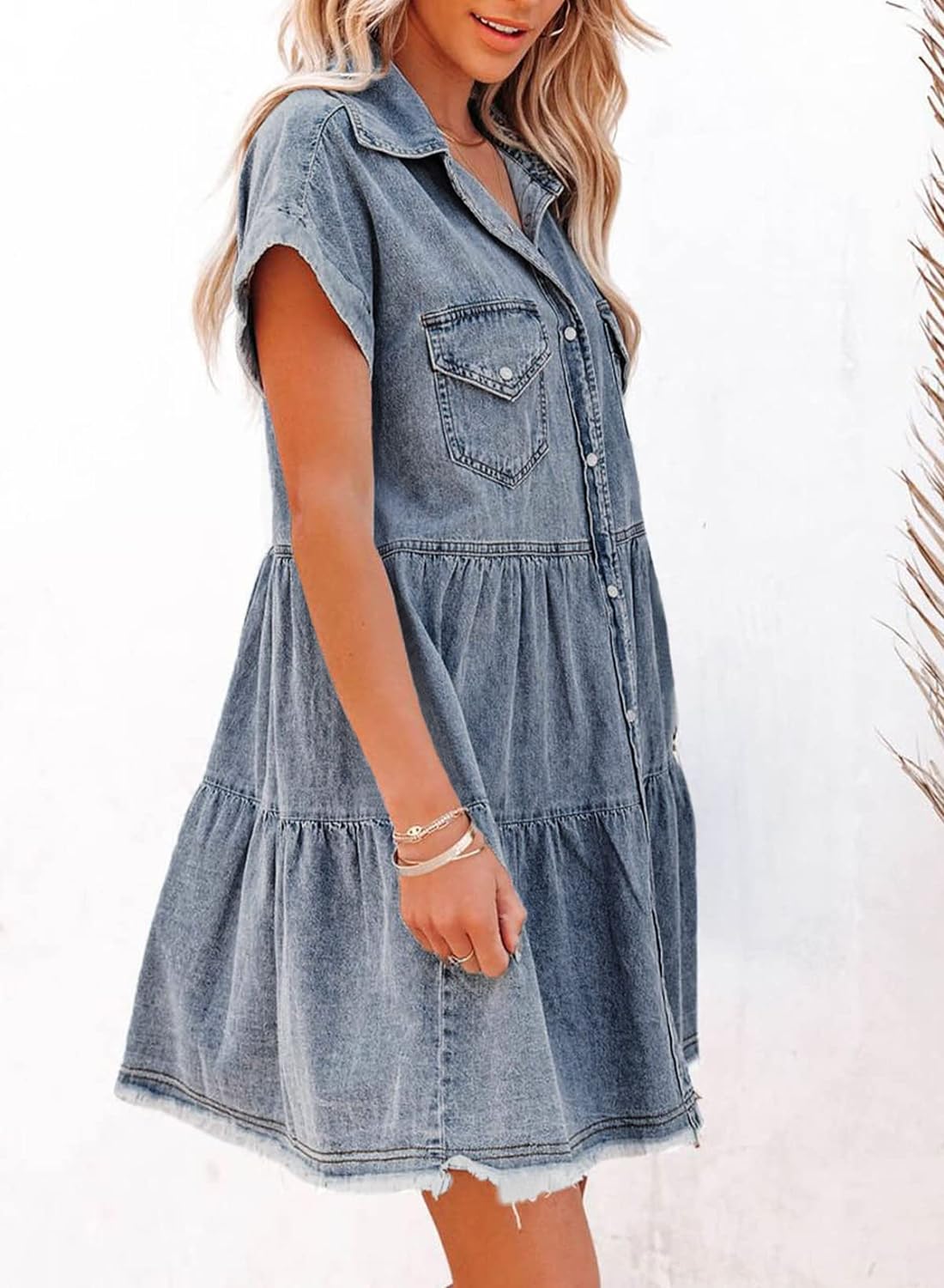 Sidefeel Womens Buttoned Frayed Pocket Short Sleeve Denim Jean Dresses