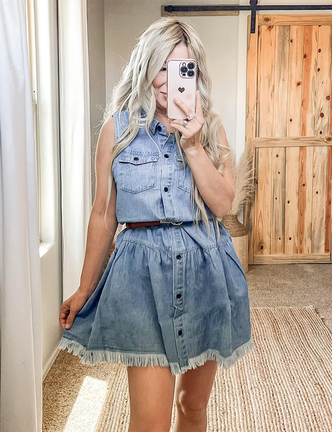 luvamia Women's Casual Summer Lapel Sleeveless Button Down Short Denim Jean Dress