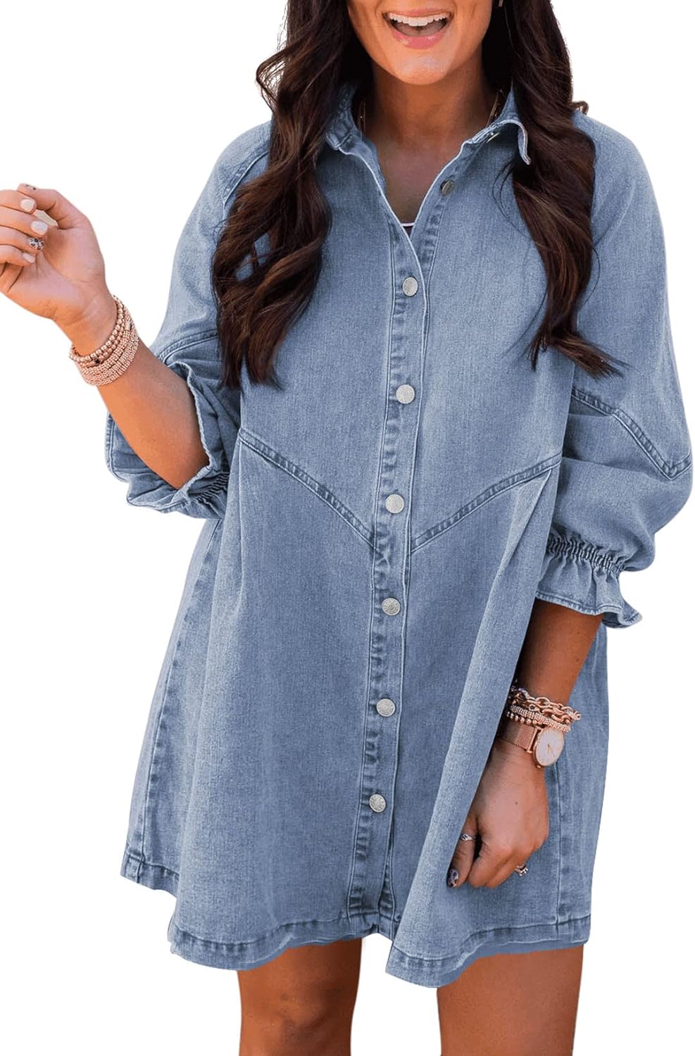 Sidefeel Womens Smocked 3 4 Sleeve Button Down Denim Jeans Dresses