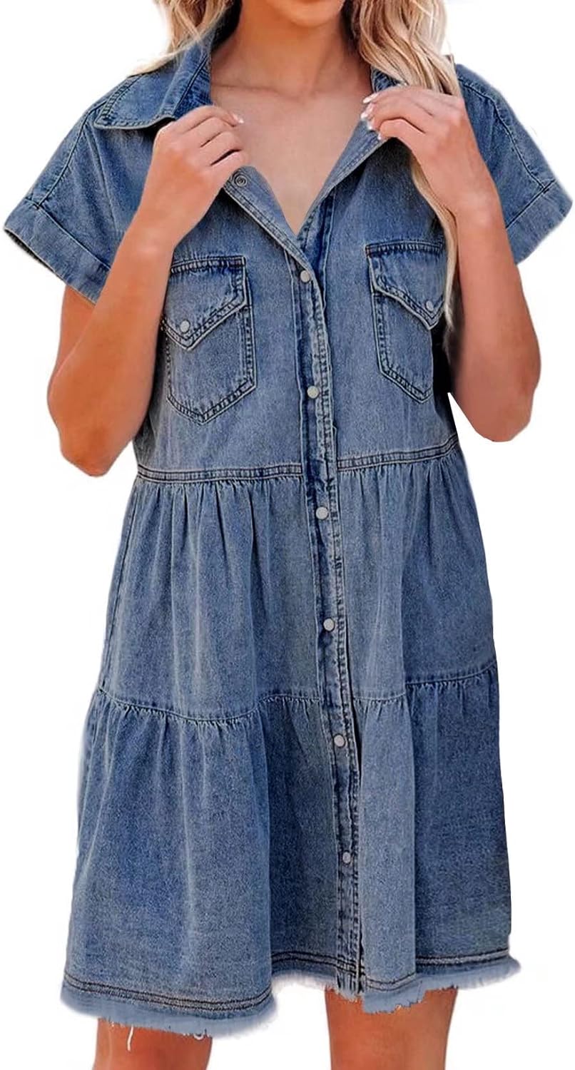 Sidefeel Womens Buttoned Frayed Pocket Short Sleeve Denim Jean Dresses